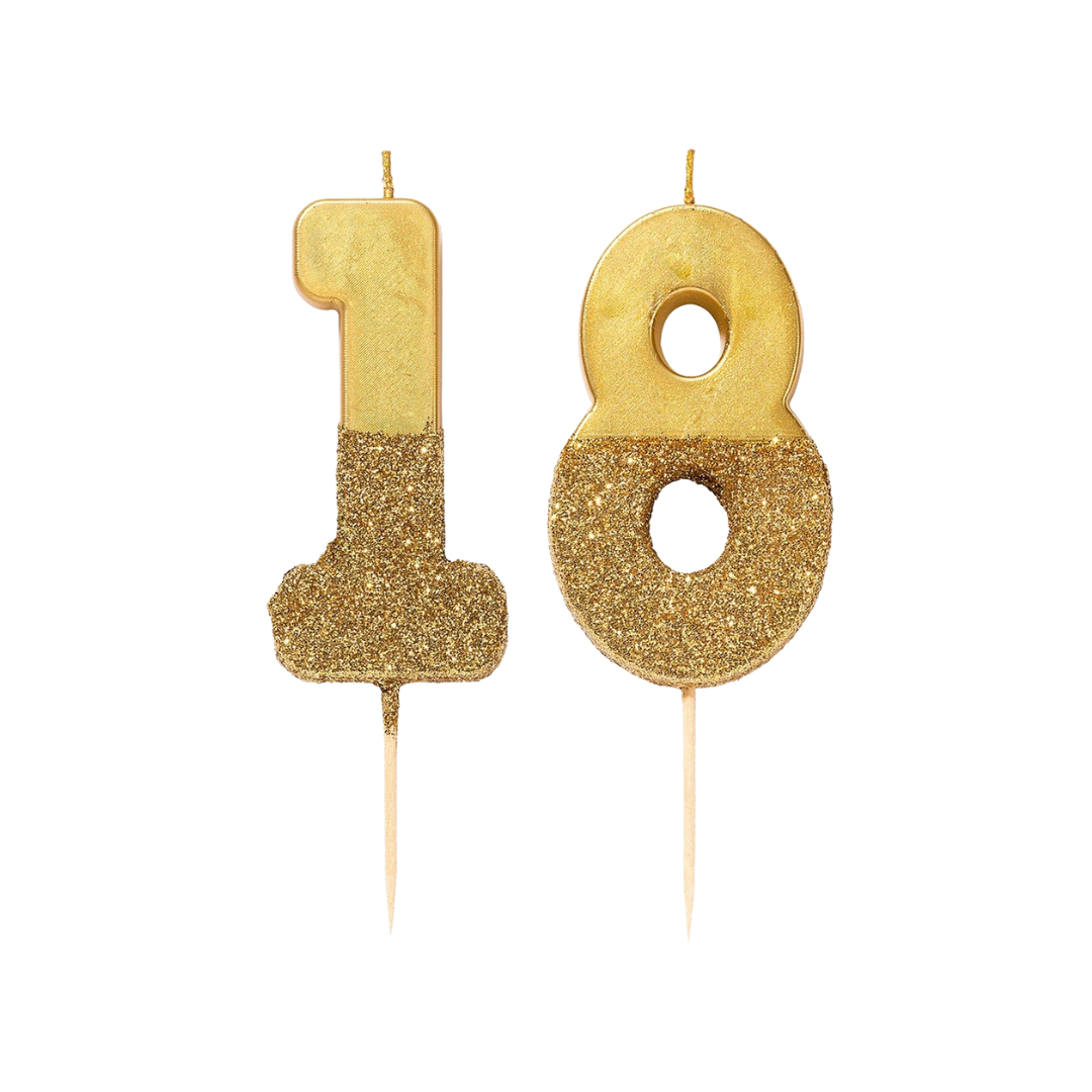 Gold glitter birthday number candles set for 18th birthday from Parte Haus party supply store in Bethesda MD