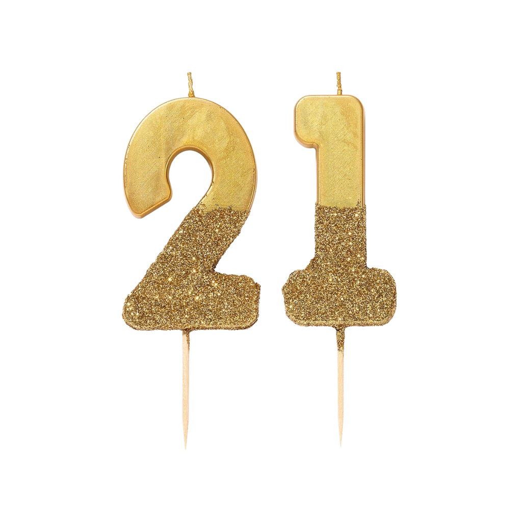 Gold glitter birthday number candles 21 cake decoration celebration from Parte Haus party supply store in Bethesda Maryland