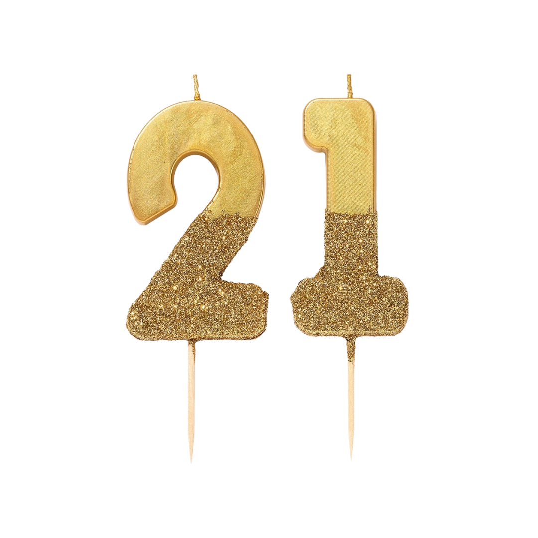 Gold glitter birthday number candles 21 cake decoration celebration from Parte Haus party supply store in Bethesda Maryland