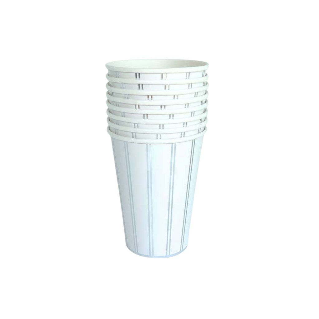 White paper cups with silver stripes modern tableware for birthday from Parte Haus party supply store in Bethesda MD