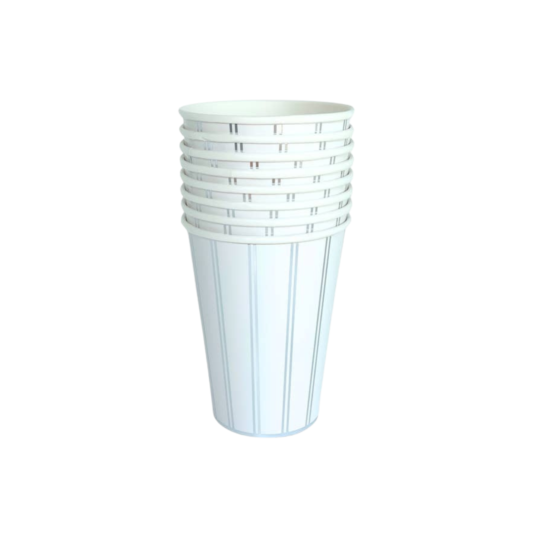 White paper cups with silver stripes modern tableware for birthday from Parte Haus party supply store in Bethesda MD