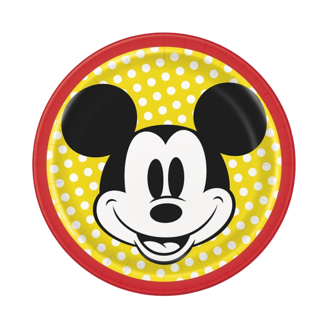 Yellow Mickey Mouse paper plate with white polka dots birthday theme from Parte Haus party supply store in Bethesda MD