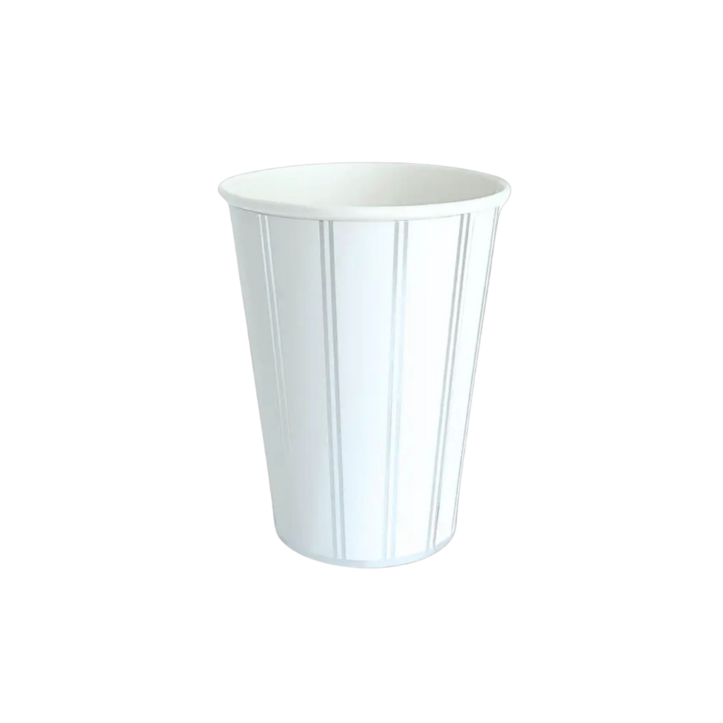 white paper cup with vertical embossed lines from Parte Haus party supply store in Bethesda Maryland