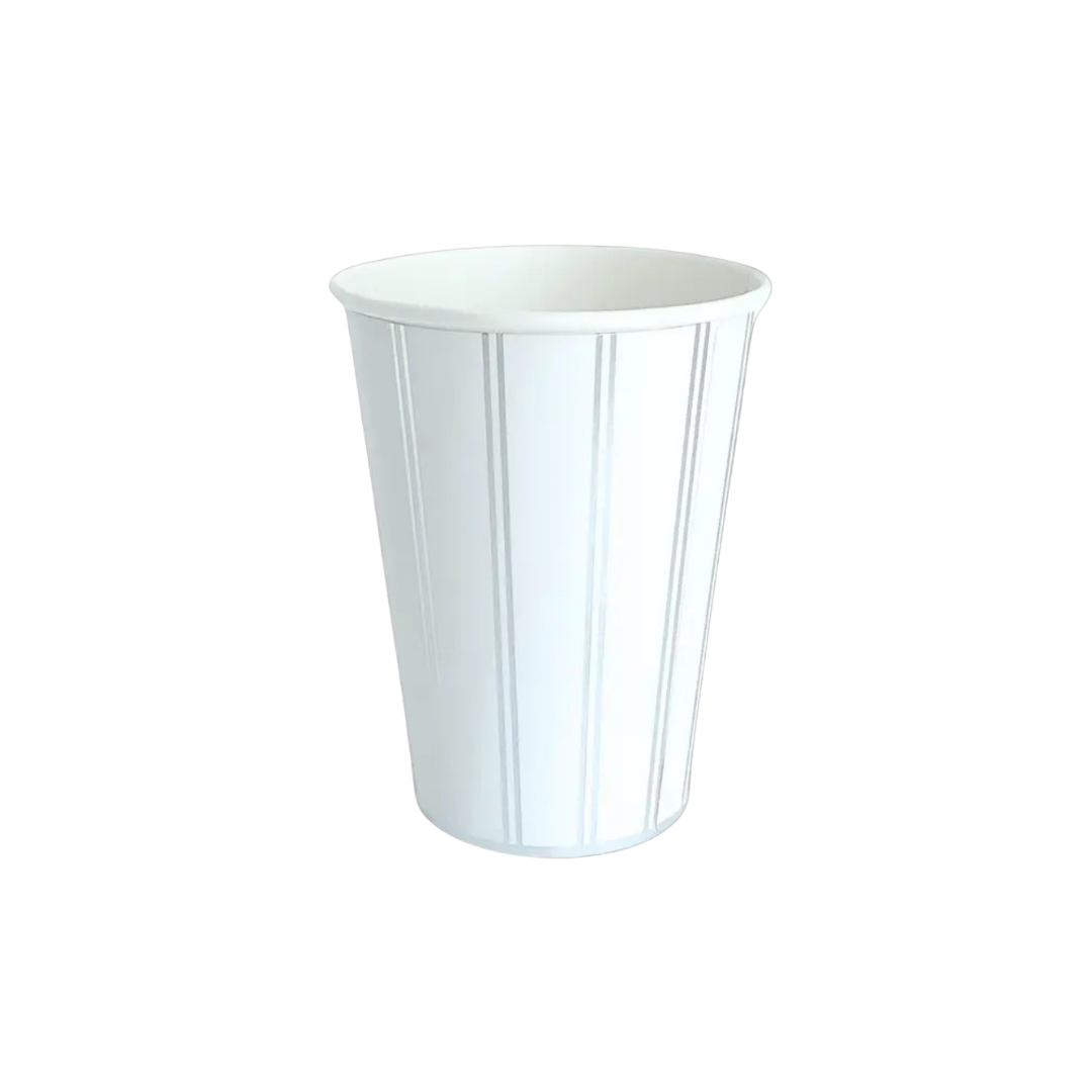 white paper cup with vertical embossed lines from Parte Haus party supply store in Bethesda Maryland
