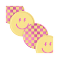 Pink and yellow checkered and smiley face plates and napkins birthday party decor from Parte Haus party supply store in Bethesda Maryland