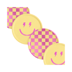 Pink and yellow checkered and smiley face plates and napkins birthday party decor from Parte Haus party supply store in Bethesda Maryland