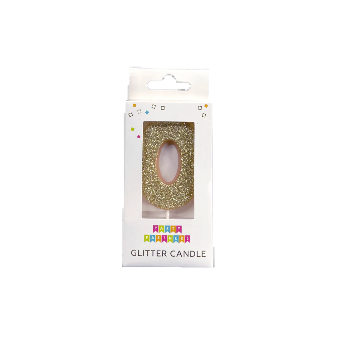 Gold glitter number 0 candle for birthday celebrations from Parte Haus party supply store in Bethesda MD