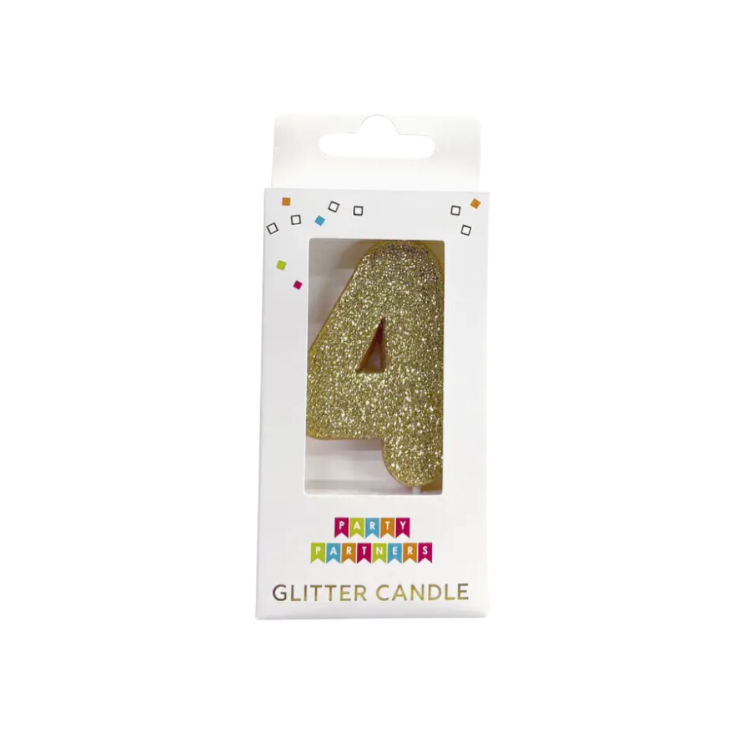 Gold glitter number 4 candle in packaging birthday decoration from Parte Haus party supply store in Bethesda MD