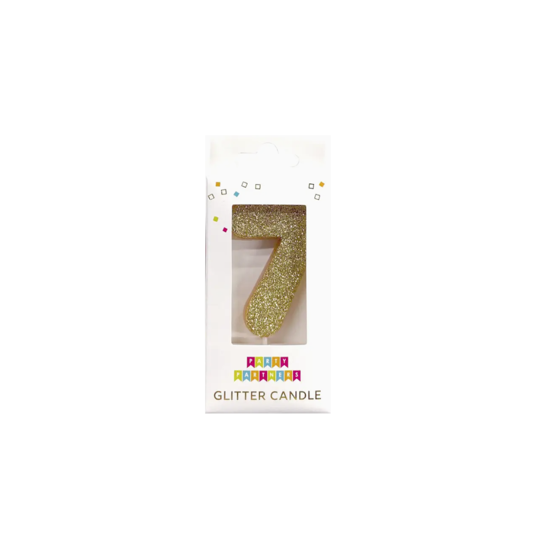 Gold glitter number 7 candle for birthday celebrations from Parte Haus party supply store in Bethesda MD
