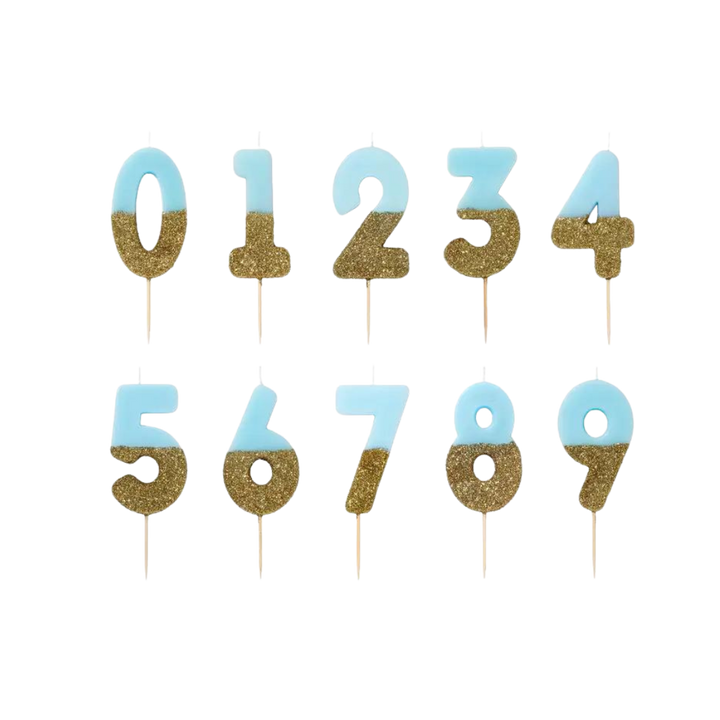 Blue and Gold Glitter 0-9 Number Candles