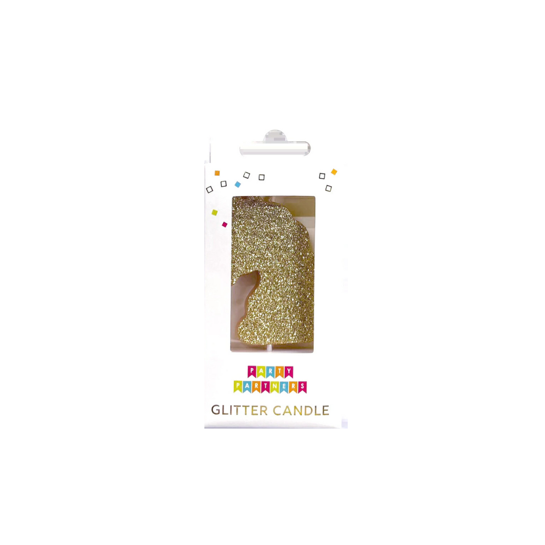 Gold unicorn glitter candle for birthday unicorn theme from Parte Haus party supply store in Bethesda Maryland