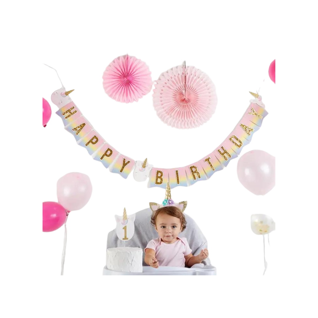 Gold glitter unicorn birthday decoration kit with pink balloons and banner for kids from Parte Haus party supply store in Bethesda Maryland