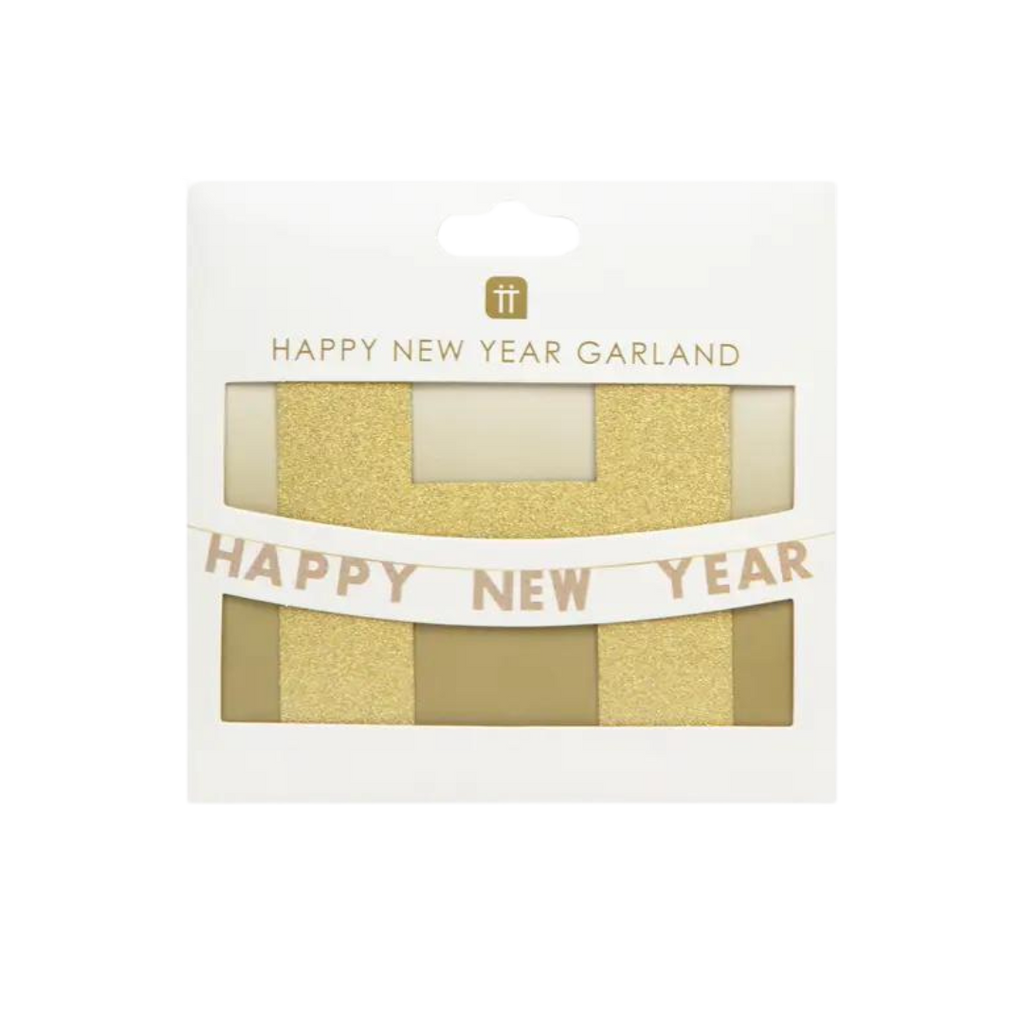 Gold Happy New Year banner with glittery letters for New Year celebration from Parte Haus party supply store in Bethesda MD