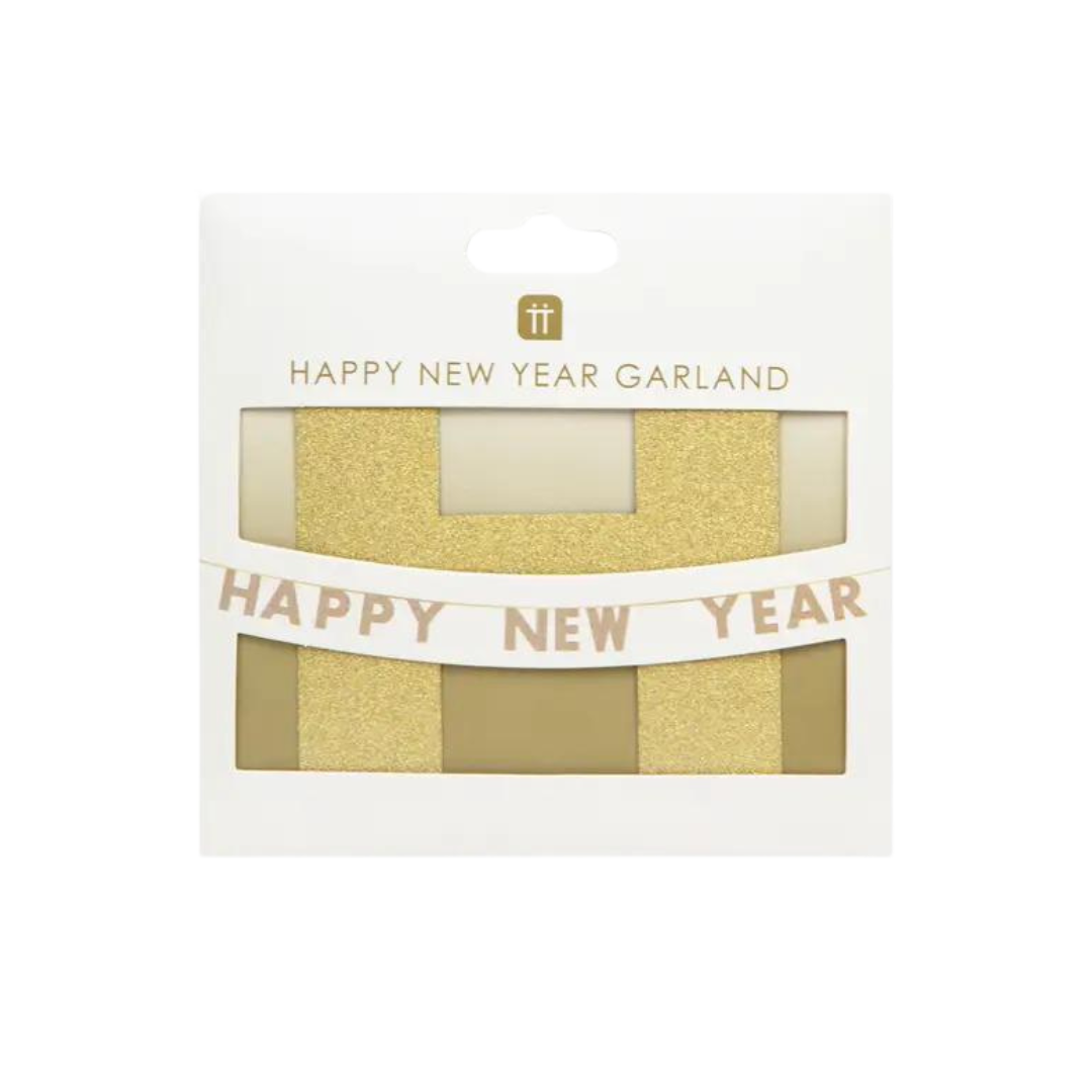 Gold Happy New Year banner with glittery letters for New Year celebration from Parte Haus party supply store in Bethesda MD