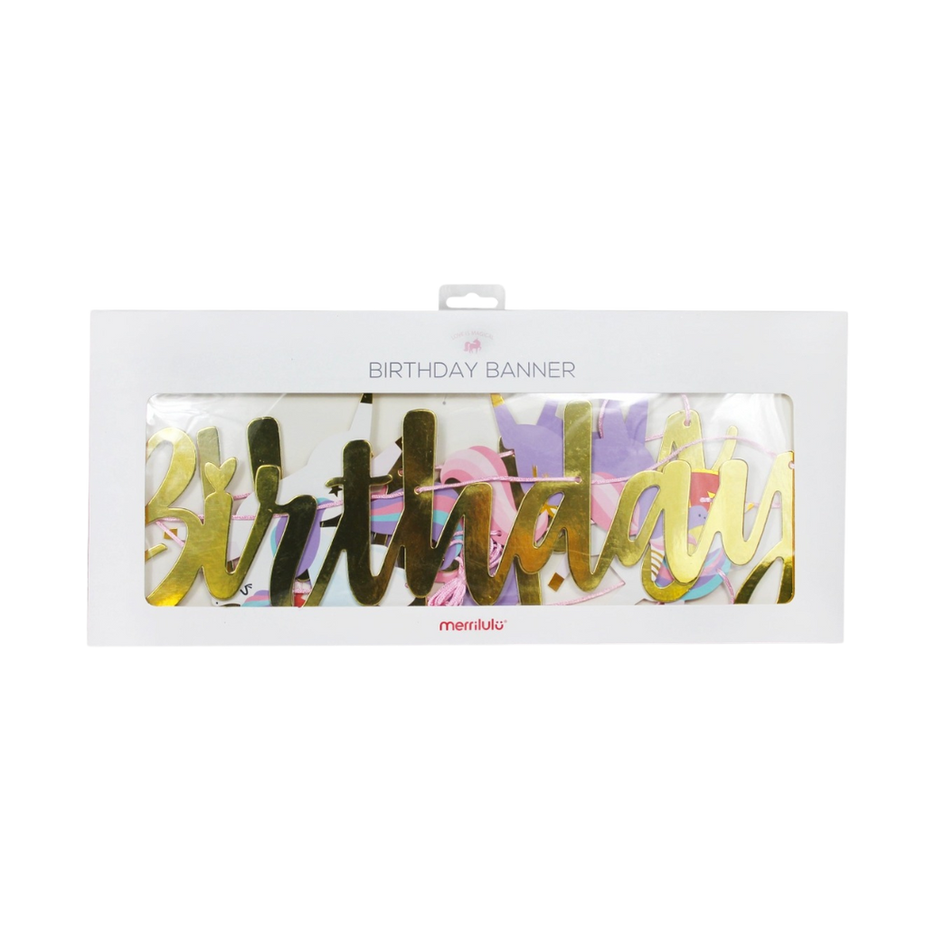 Gold birthday banner with unicorn and stars unicorn birthday theme from Parte Haus party supply store in Bethesda MD