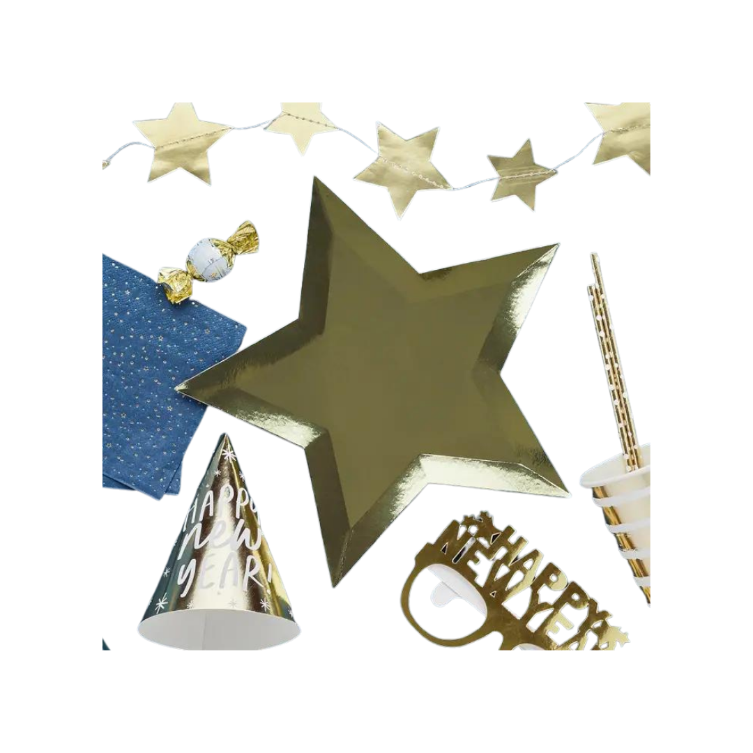 Gold metallic star plate with shiny finish New Year theme from Parte Haus party supply store in Bethesda Maryland