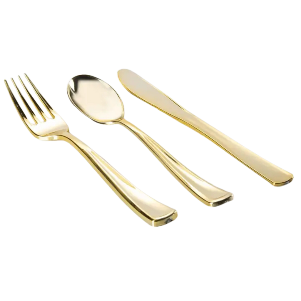 Gold plastic cutlery set with fork spoon knife elegant tableware for celebrations from Parte Haus party supply store in Bethesda MD