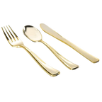 Gold plastic cutlery set with fork spoon knife elegant tableware for celebrations from Parte Haus party supply store in Bethesda MD