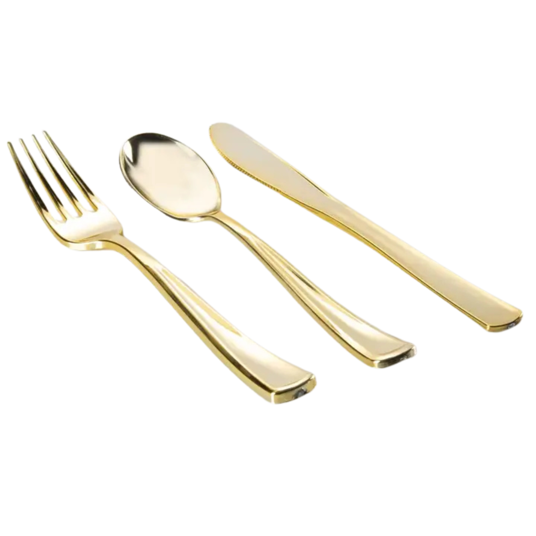 Gold plastic cutlery set with fork spoon knife elegant tableware for celebrations from Parte Haus party supply store in Bethesda MD