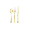 Gold plastic cutlery set with spoon fork knife elegant tableware for celebration from Parte Haus party supply store in Bethesda MD