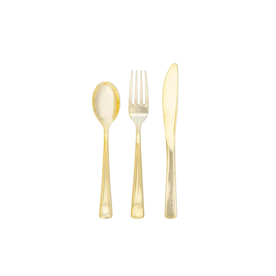 Gold plastic cutlery set with spoon fork knife elegant tableware for celebration from Parte Haus party supply store in Bethesda MD