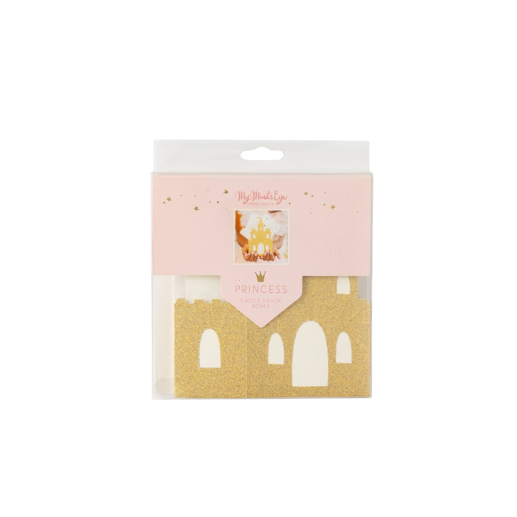 Gold princess castle favor box with glitter windows princess birthday theme from Parte Haus party supply store in Bethesda MD
