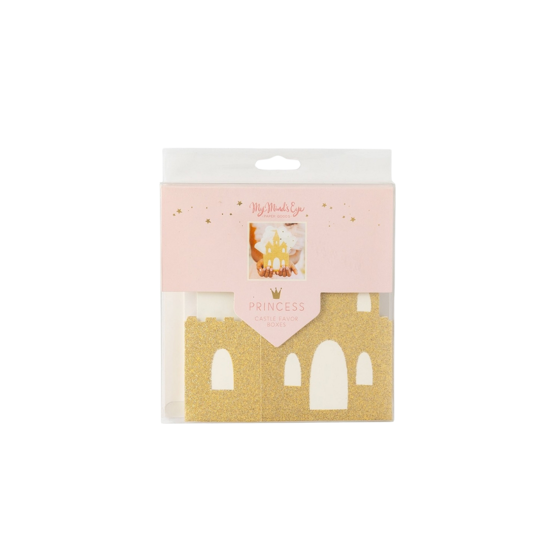 Gold princess castle favor box with glitter windows princess birthday theme from Parte Haus party supply store in Bethesda MD