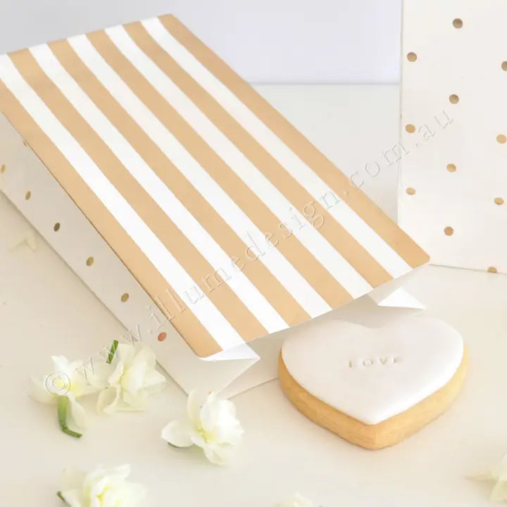 Gold striped and polka dot treat bag for weddings from Parte Haus party supply store in Bethesda Maryland