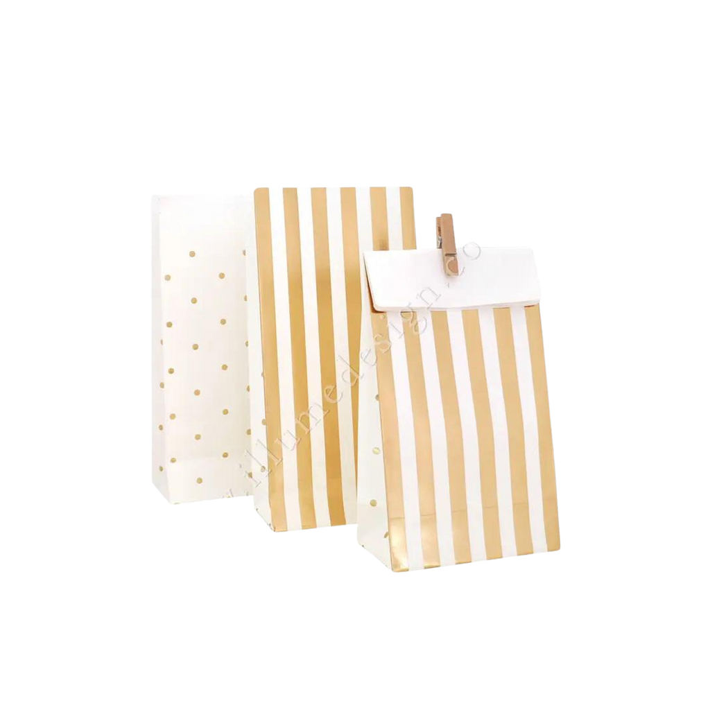 Gold striped and polka dot treat bags for birthdays from Parte Haus party supply store in Bethesda Maryland