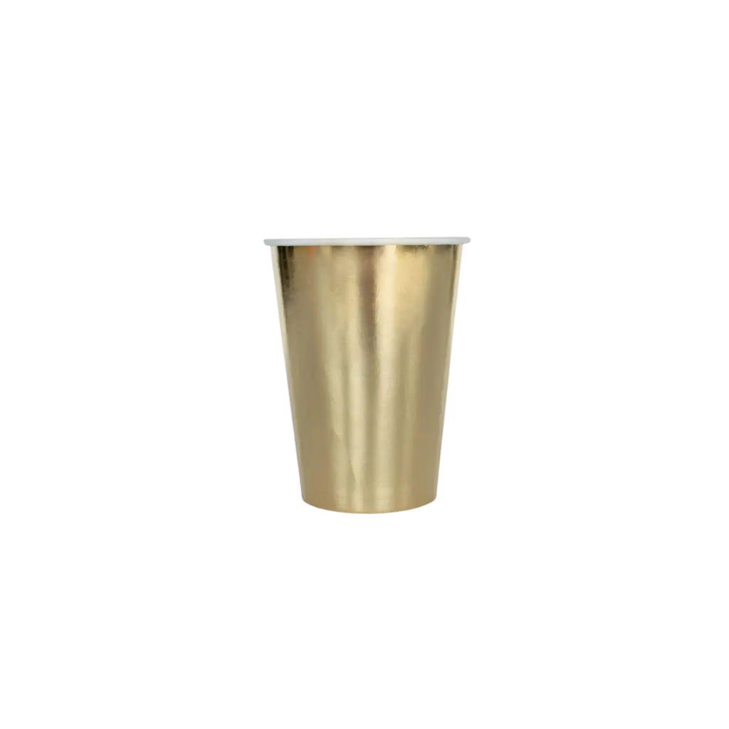 Gold cup shiny paper cup for celebrations from Parte Haus party supply store in Bethesda Maryland