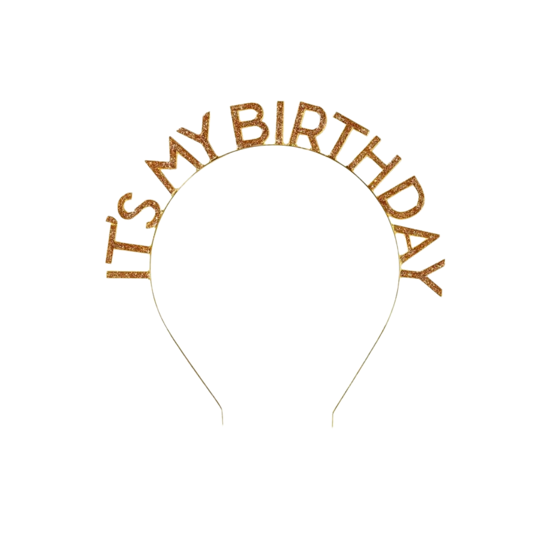 Gold birthday headband with glittery its my birthday letters birthday from Parte Haus party supply store in Bethesda Maryland