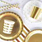 Gold foil cups with stripes and shiny finish for celebrations from Parte Haus party supply store in Bethesda MD