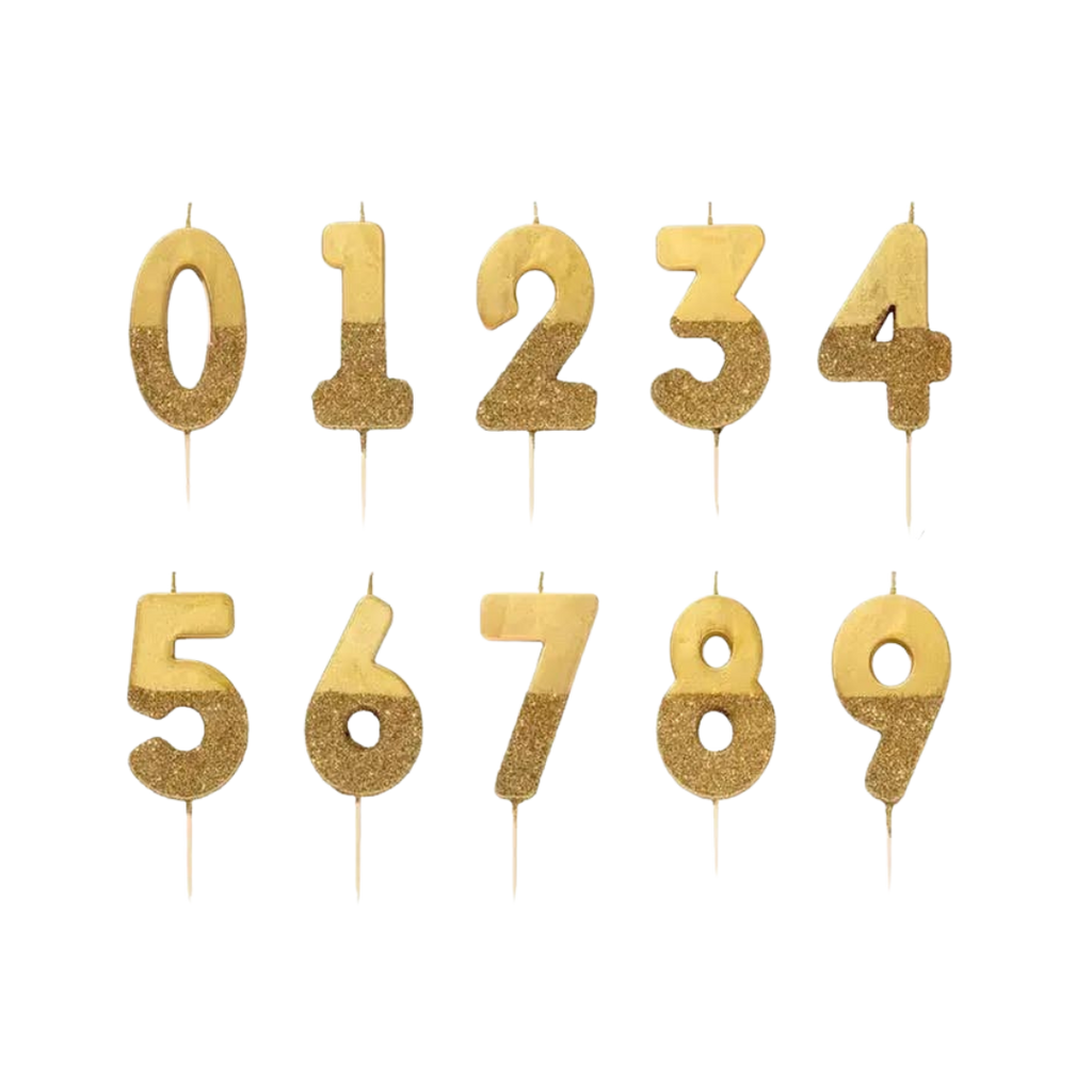 Gold glitter birthday number candles set with all digits for birthday celebrations from Parte Haus party supply store in Bethesda MD