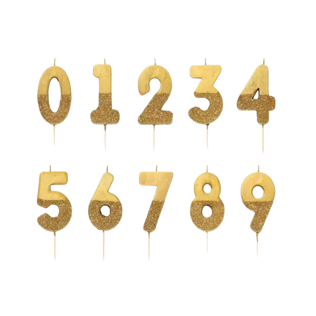 Gold glitter birthday number candles set with all digits for birthday celebrations from Parte Haus party supply store in Bethesda MD