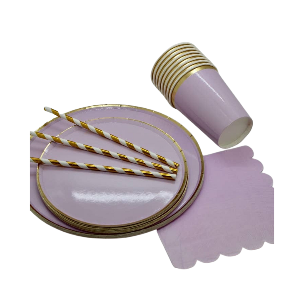 Pink and gold tableware set includes plates cups striped straws napkins birthday theme from Parte Haus party supply store in Bethesda MD
