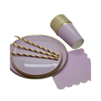 Pink and gold tableware set includes plates cups striped straws napkins birthday theme from Parte Haus party supply store in Bethesda MD