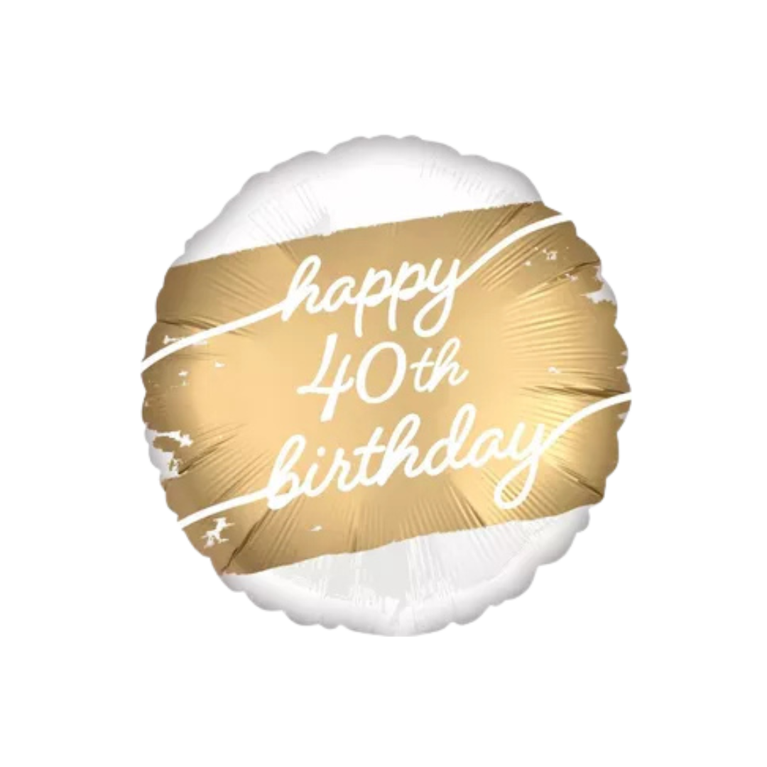 Gold foil balloon with happy 40th birthday script decoration from Parte Haus party supply store in Bethesda MD