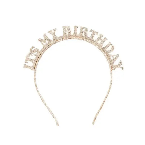 Gold glittery headband with It’s My Birthday text birthday accessory from Parte Haus party supply store in Bethesda Maryland