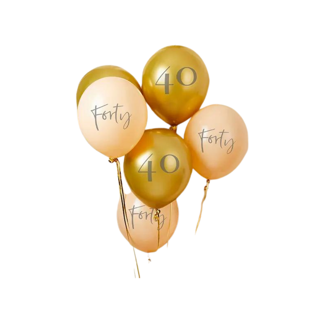 Gold nude latex forty balloons with number 40 for birthday from Parte Haus party supply store in Bethesda MD