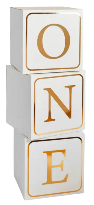 Gold one blocks jumbo decoration for first birthday from Parte Haus party supply store in Bethesda Maryland