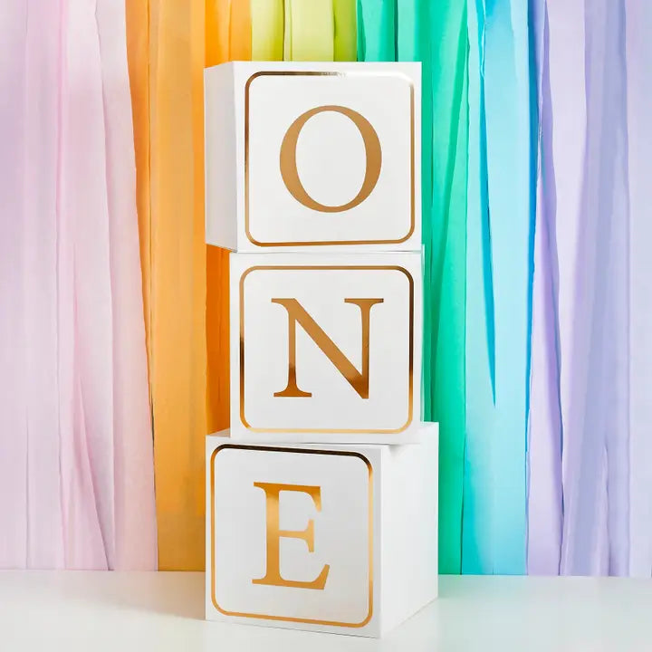 Gold one jumbo block decoration with gold letters for first birthday from Parte Haus party supply store in Bethesda MD