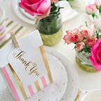 Gold pink stripes spots treat bag with thank you note for bridal shower from Parte Haus party supply store in Bethesda, MD
