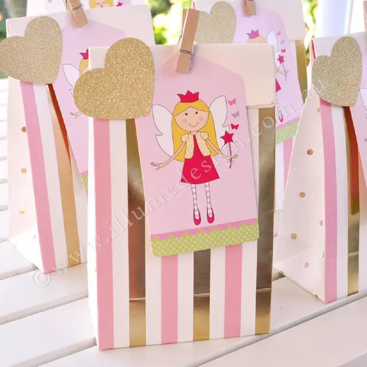 Gold pink treat bag with fairy and stripes for kids birthday from Parte Haus party supply store in Bethesda MD