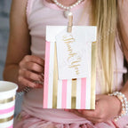 Gold pink striped treat bag with thank you tag birthday theme from Parte Haus party supply store in Bethesda MD