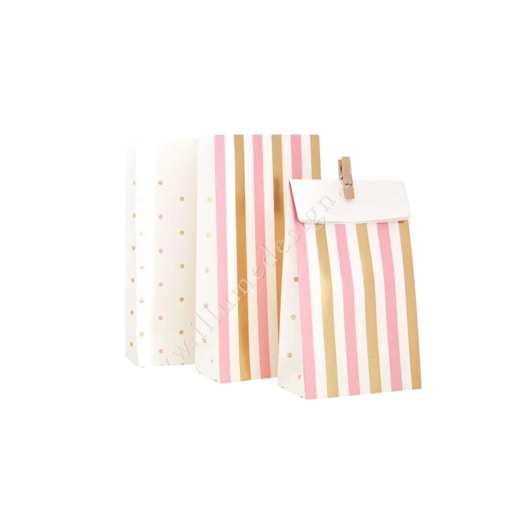 Gold pink treat bags with stripes and spots for birthday from Parte Haus party supply store in Bethesda MD.