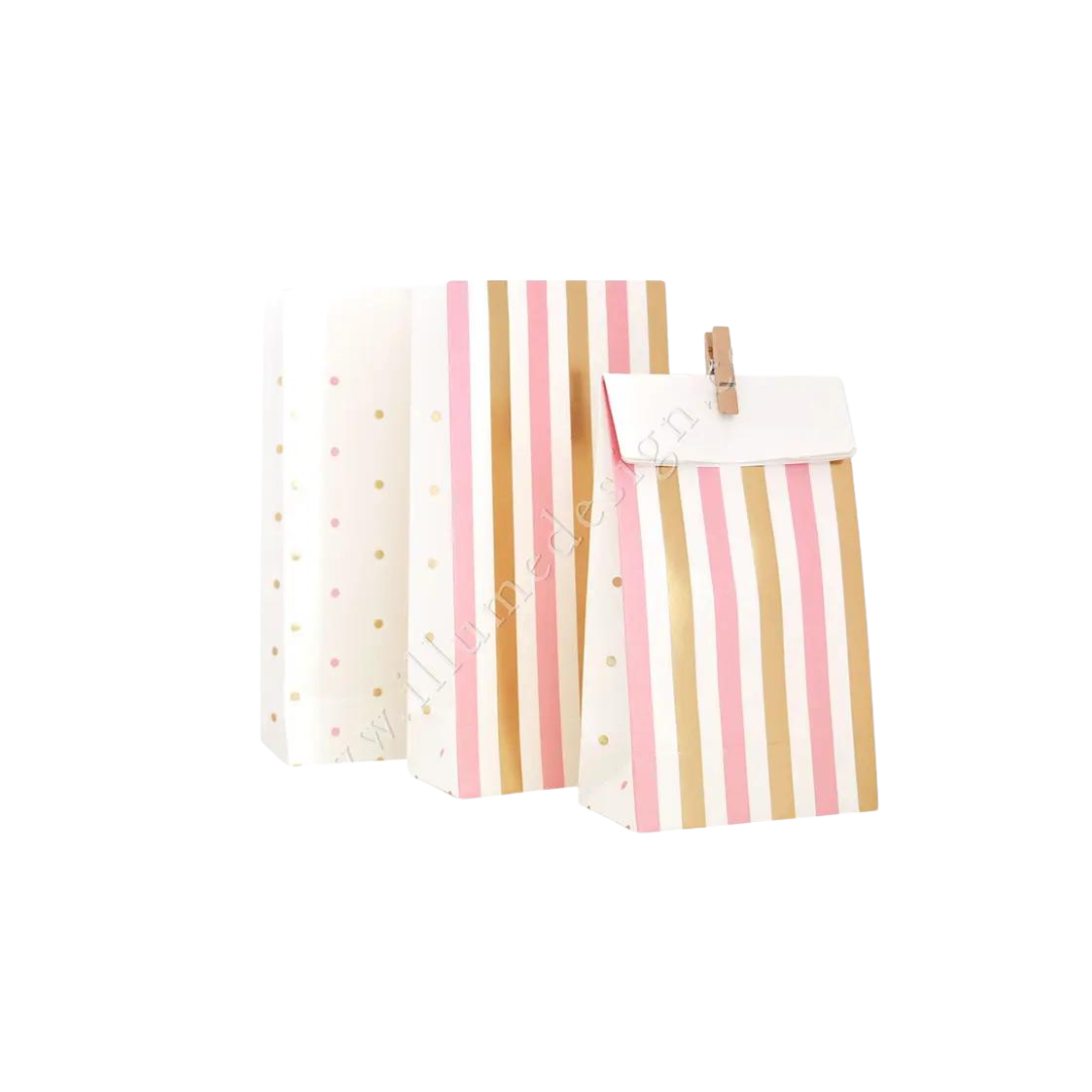 Gold pink treat bags with stripes and spots for birthday from Parte Haus party supply store in Bethesda MD.
