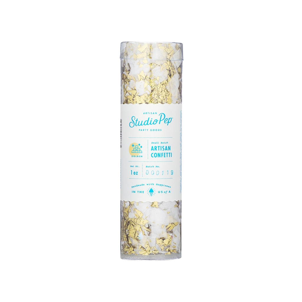 Golden artisan confetti in clear tube elegant festive decor from Parte Haus party supply store in Bethesda MD