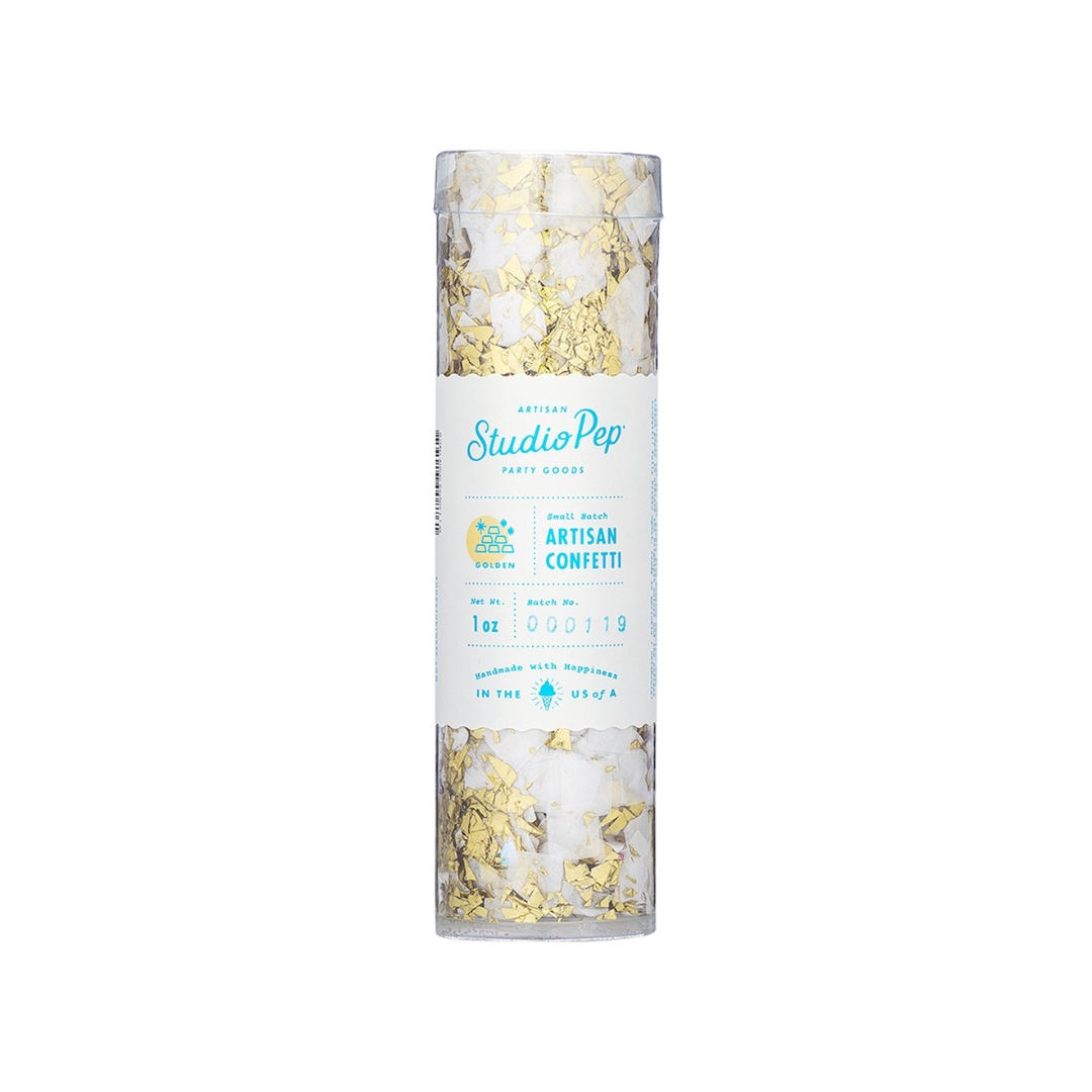 Golden artisan confetti in clear tube elegant festive decor from Parte Haus party supply store in Bethesda MD