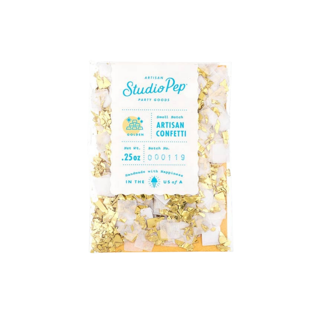 Golden artisan confetti clear bag with gold and white pieces birthday celebration from Parte Haus party supply store in Bethesda Maryland