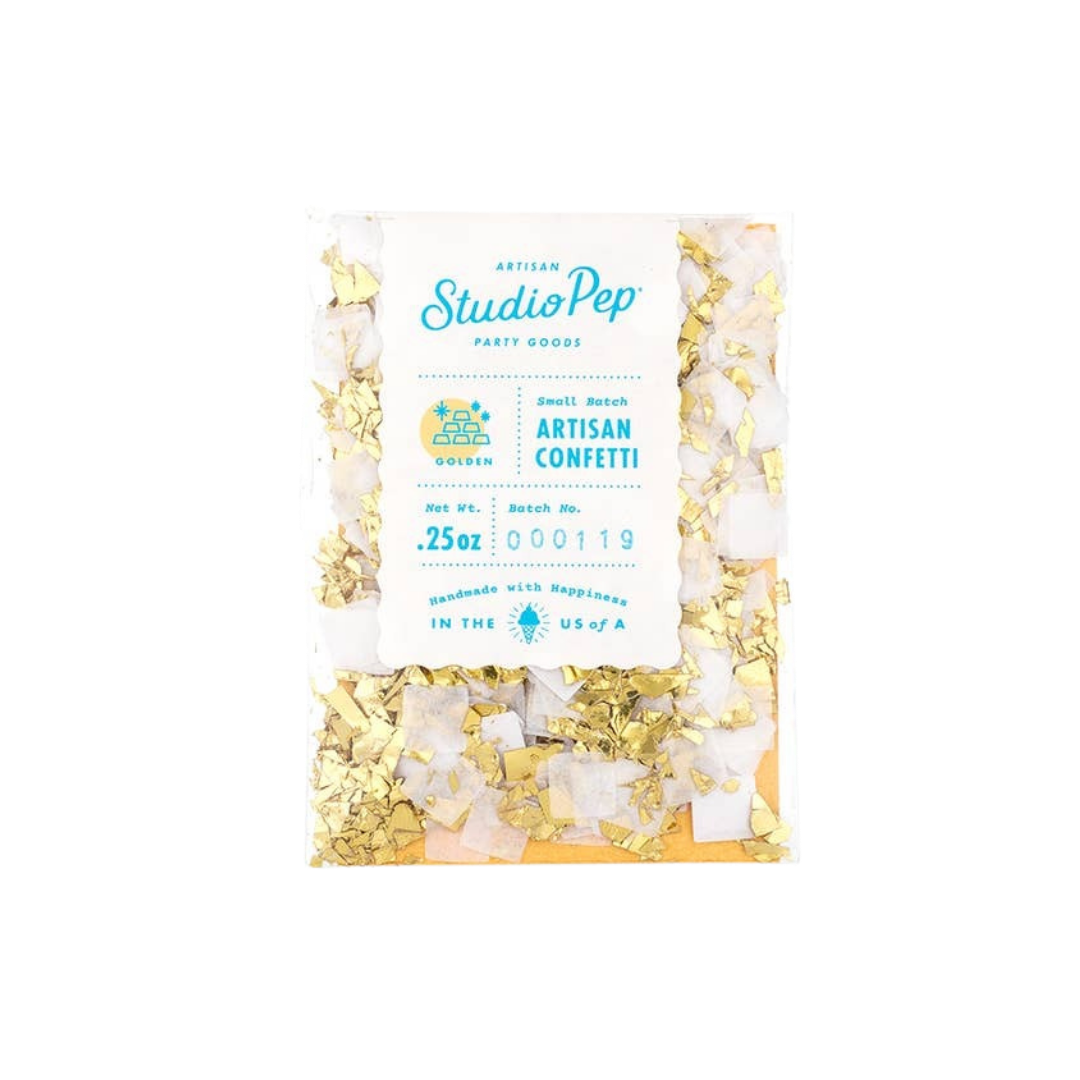 Golden artisan confetti clear bag with gold and white pieces birthday celebration from Parte Haus party supply store in Bethesda Maryland